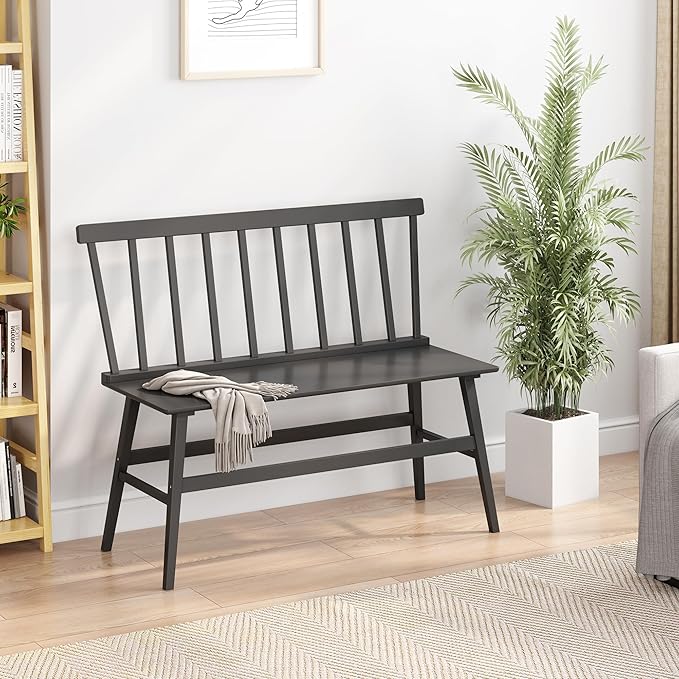 Bamboo Dining Bench, Entryway Bench with Spindle Back Farmhouse Wood Windsor for Foyer Balcony Living Room (Black)