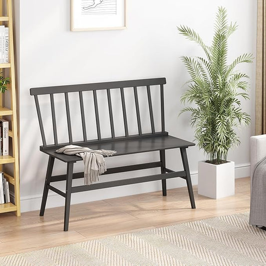 Bamboo Dining Bench, Entryway Bench with Spindle Back Farmhouse Wood Windsor for Foyer Balcony Living Room (Black)