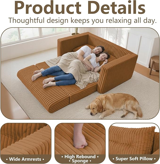HABUTWAY 41.3" Loveseat Boneless Couch, 4-in-1 Convertible Sofa Bed, Plush Fur Folding Futon Sofa Bed Couches with a Pillow for Living Room, High-Density Foam Support, No Assembly Required, Orange