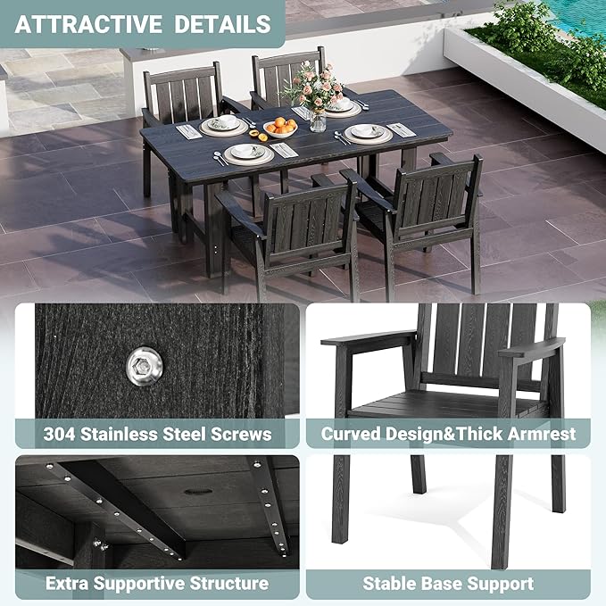 Pamapic 5-Piece Outdoor Dining Set, HDPE Outdoor Rectangular Table and 4 Chairs, Wood Grain Patio Furniture Sets with Armrest, All-Weather Patio Dining Table with Umbrella Hole, Black