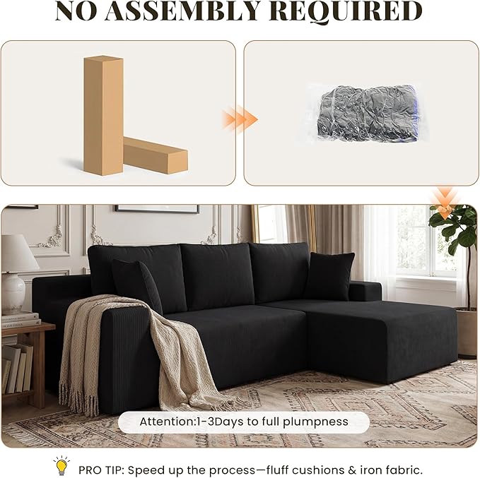 GRUSIGN Cloud Sectional Boneless Couches for Living Room, Modular L Shaped Couch with Deep Seat Oversized Right Facing Chaise, Memory Foam Compressed Spineless Sofa for Bedroom, Fine-Striped Black