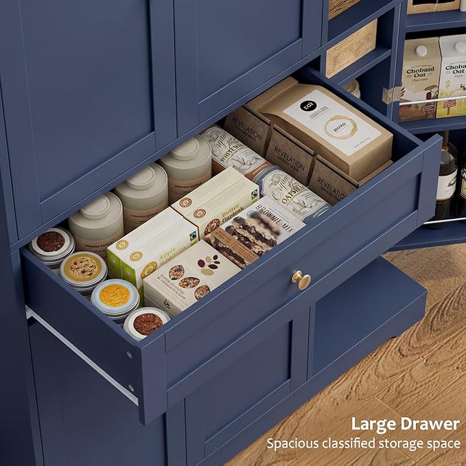 HOSTACK 68" Tall Kitchen Pantry Storage Cabinet, Modern Kitchen Hutch Cabinet with Doors and Shelves, Freestanding Food Pantry with Large Storage Drawer for Dining Room, Living Room, Navy Blue