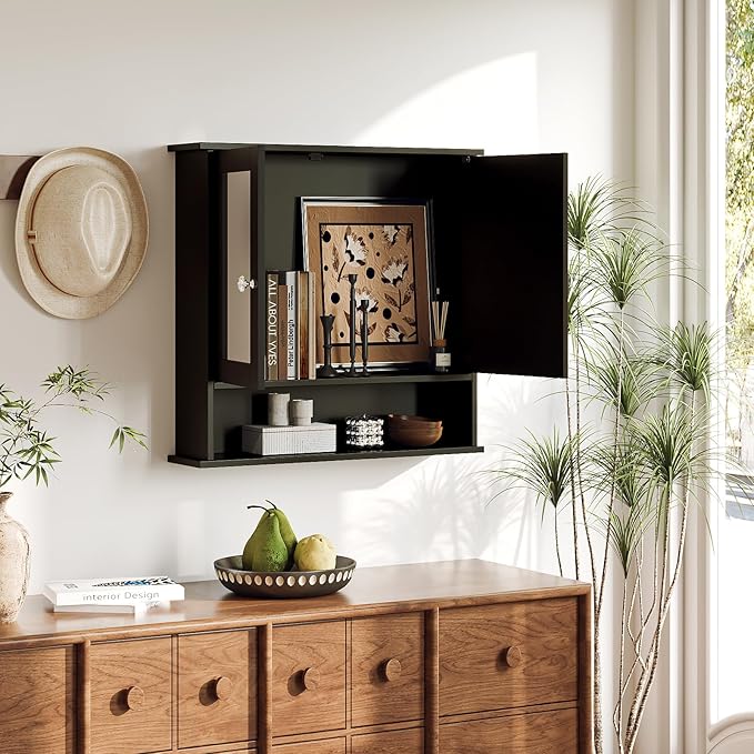VINGLI Black Medicine Cabinet with Mirror, Wall Mounted Bathroom Cabinet with Open Shelf, 2-Door Hanging Storage Organizer Over Toilet, Adjustable Shelves for Vanity, Living Room, 22x23 Inch