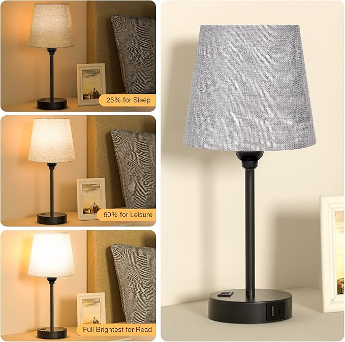 Grey Bedside Lamps for bedrooms Set of 2 - Nightstand Bedroom Lamp with USB C Port and AC Outlet Charging, 3 Way Dimmable Touch Control Small Bed Side Table Lamp, Night Stand Light for Kids/Guest Room