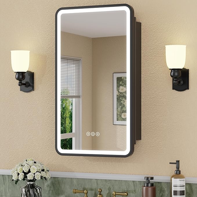 16 x 28 Inch Recessed Medicine Cabinet Mirror with Lights, Wall Mounted LED Bathroom Mirror Cabinet, Dimmable, Anti-Fog, Memory Function, 3 Color Modes, Adjustable Shelf, ETL Certified, Black