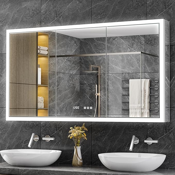 54x30 Lighted Medicine Cabinet with Mirror, Recessed or Surface LED Medicine Cabinet with Outlet&Clock, Adjustable Shelves,3 Color Dimmable, Anti-Fog, Built-in Auto-Sensing Light
