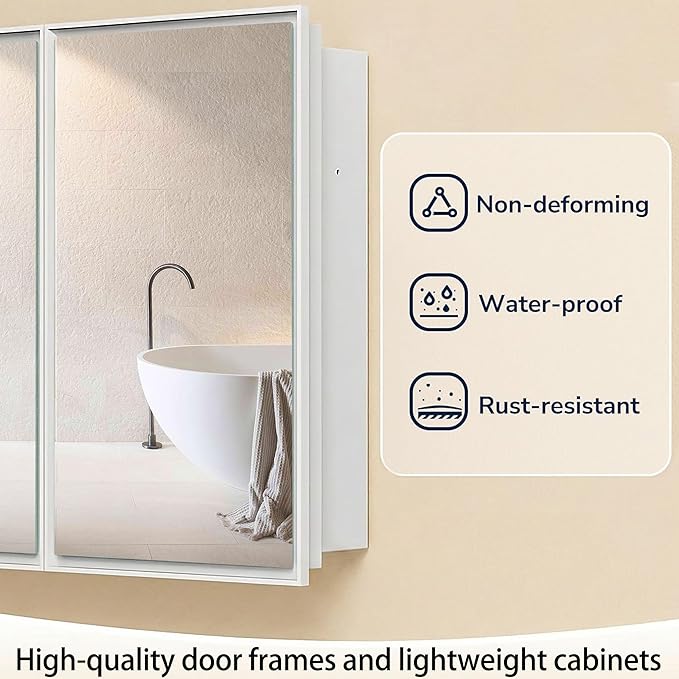 26 x 32 Inch Bathroom Medicine Cabinet with Double Mirror Doors, Recessed or Surface Mount Wall Cabinet for Bathroom, Plastic Frame & Removable Glass Shelves