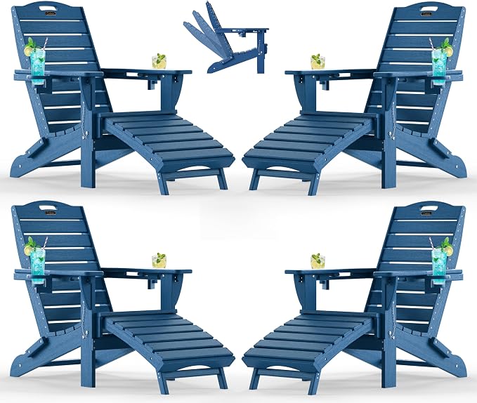 Ciokea Folding Adirondack Chair Set of 4 with Retractable Ottoman Fire Pit Patio Chair with Pull Out Foot Rest Weather Resistant Lawn Outdoor Chair with 2 Cup Holder (Navy Blue)