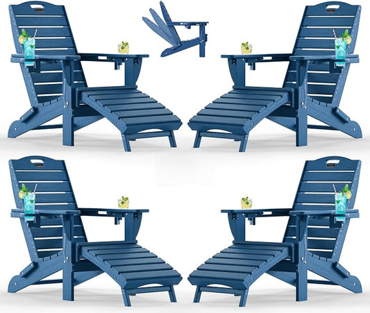 Ciokea Folding Adirondack Chair Set of 4 with Retractable Ottoman Fire Pit Patio Chair with Pull Out Foot Rest Weather Resistant Lawn Outdoor Chair with 2 Cup Holder (Navy Blue)