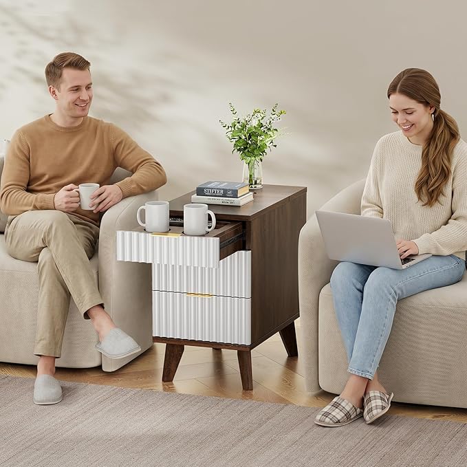 Kalrin Charging Nightstand with Hidden Outlets & 3 Drawers, Modern End Table, Bedside Table with USB Ports, Wave Groove Design, Compact Size, Heavy Duty Engineered Wood, Brown & White