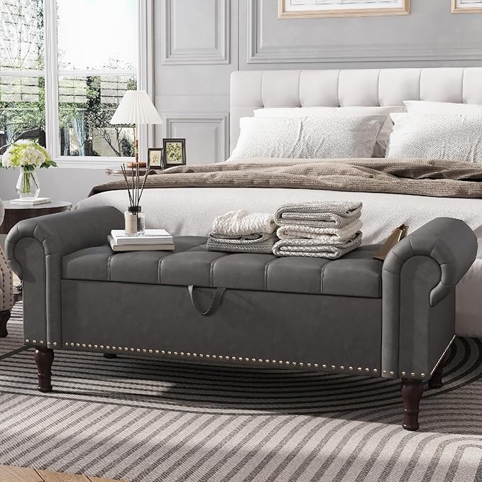 Apicizon 51” Bench with Storage, Upholstered Tufted Button Bedroom Bench with Storage, Faux Leather End of Bed Bench with Rolled Arms, Storage Ottoman Bench for Bedroom, Living Room, Entryway, Gray
