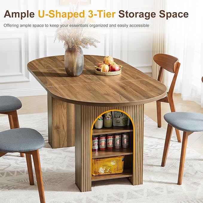 weselon 70.8" Oval Dining Table with Dual Side Storage Shelves, Rustic Farmhouse Table for 4–6 People, Modern Wooden Round Dinner Table for Kitchen, Reception, or Living Room (Walnut, Table Only)