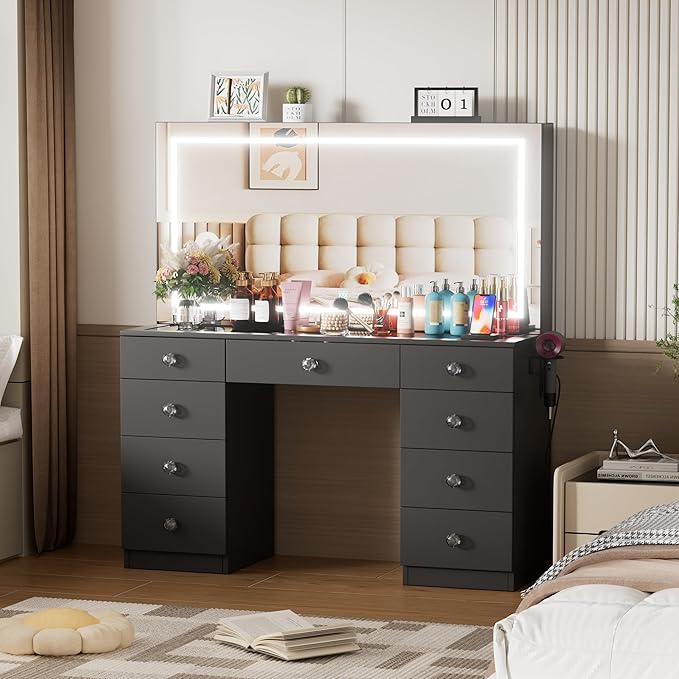 Makeup Vanity Desk with Large Mirror and Lights,Vanity Table with Glass Top,9 Drawers,3 Color Modes,Sliding 2 Wall Mounted Jewelry Storage Racks,Suitable for Bedroom Ladies and Girls (Black)