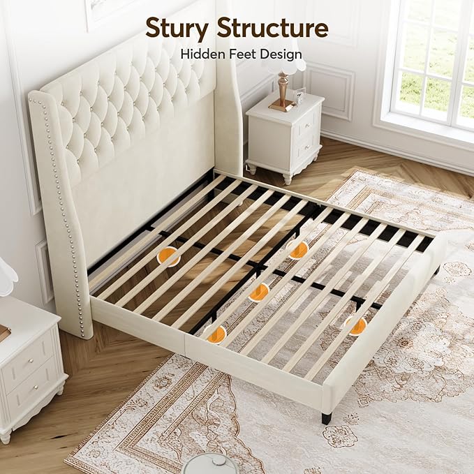 Full Bed Frame with 55" Tall Headboard, Upholstered Bed Frames, Soft Fabric, Button Tufted Headboard with Windback, Platform Bed, Noise-Free, No Box Spring Needed, Beige