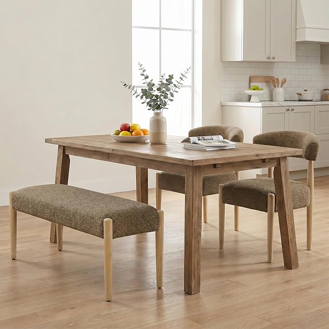 VKNOW Upholstered Dining Room Set for 4, Mid-Century Modern Dining Chairs Set of 2 and Dining Bench with Rubberwood Legs, for Dining Room, Living Room, Kitchen, Dark Brown