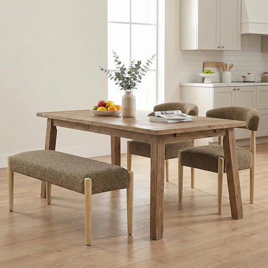 VKNOW Upholstered Dining Room Set for 4, Mid-Century Modern Dining Chairs Set of 2 and Dining Bench with Rubberwood Legs, for Dining Room, Living Room, Kitchen, Dark Brown
