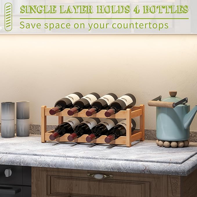 BMOSU Bamboo Wine Rack Wine Storage Cabinet Shelf 8 Bottle Wine Racks Countertop Sturdy for Kitchen Dining Room Pantry - 2 Tiers Wine Rack(Natural)