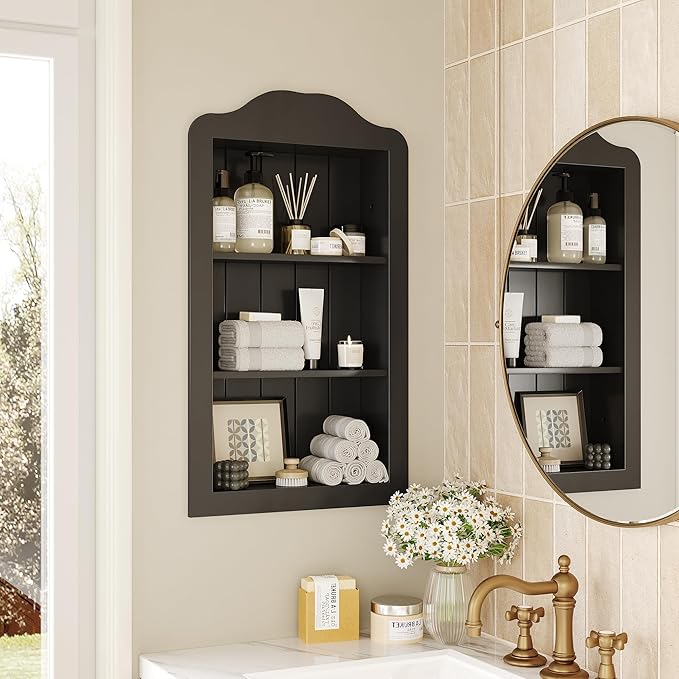 CJL 14'' x 24'' Victorian Recessed Medicine Cabinet, Solid Wood in-Wall Bathroom Cabinet, Wall Niche Shelf, 3-Tier, No MDF, Black