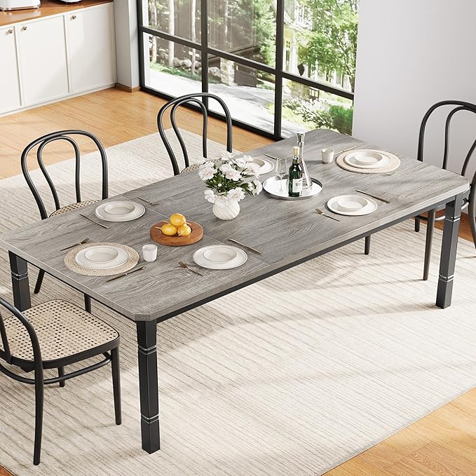 Garvee Large Dining Table for 6-8 People, 79" Wooden Kitchen Table with Sturdy Metal Frame, Dining Room Table for Dining Room, Kitchen, Black Leg & Grey