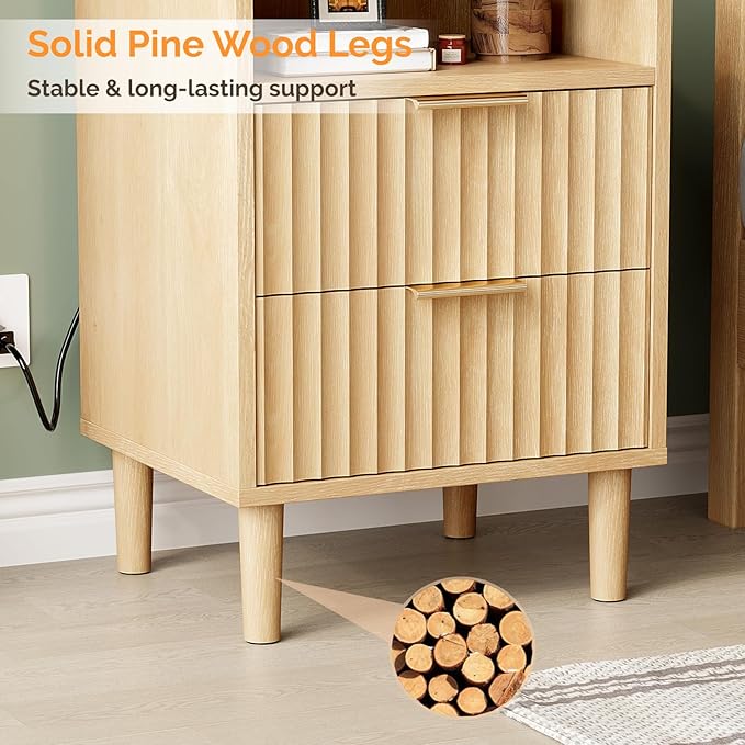 VINGLI Fluted Nightstand with Charging Station, Wood Nightstand with 2 Drawers Night Stand for Bedroom, Fluted Bedside Table/End Table/Side Table with Pine Wood Legs, Oak, 15.75" W*15.55" D*23.62" H