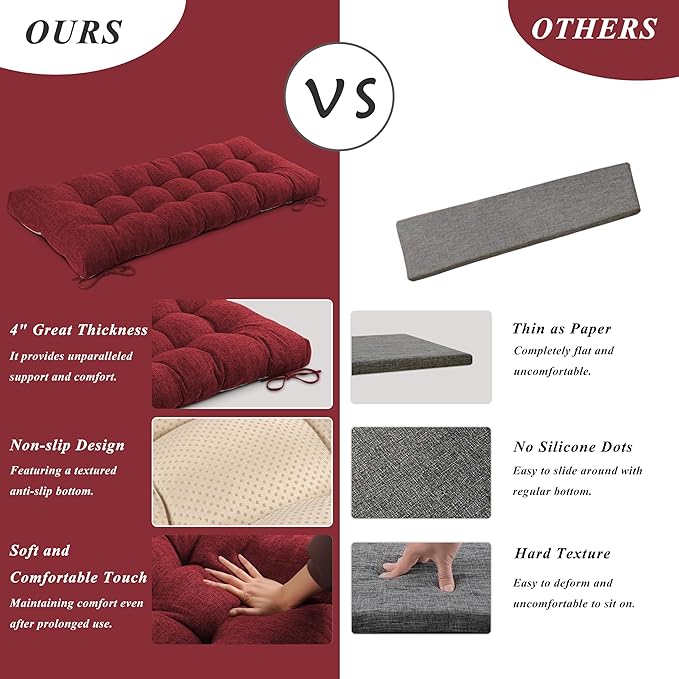 Bench Cushion for Indoor Furniture 48x19 inch Rectangle Bench Seat Cushion for Bay Window Entryway Bench Thick Textured Chair Cushion with Non-Slip Backing 1 Pack, Red