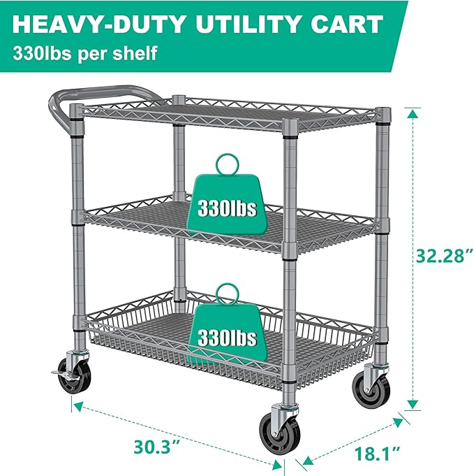 Folews Heavy Duty Rolling Cart with Wheels, 990LBS 3-Tier Metal Utility Cart, NSF Rolling Storage Organizer Adjustable Shelves & Basket, Lockable Casters, Commercial Storage Trolley, Gray
