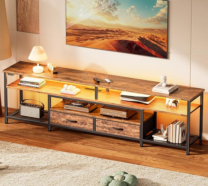 Huuger TV Stand for 75 80 Inch TV, Entertainment Center with Power Outlets and LED Lights, 70.9 Inch TV Console for Living Room, Media Console with Drawers and Shelves, Rustic Brown