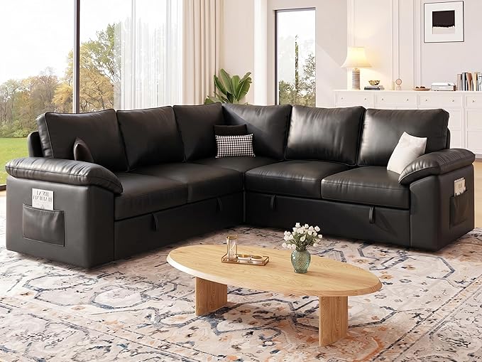 85 Inch Faux Leather Modular Sectional Sofa with Pull Out Bed, L Shaped 5 Seat Sectional Sleeper Sofa with Storage, Sectional Couches for Living Room, Cloud Modular Couch,Black Leather