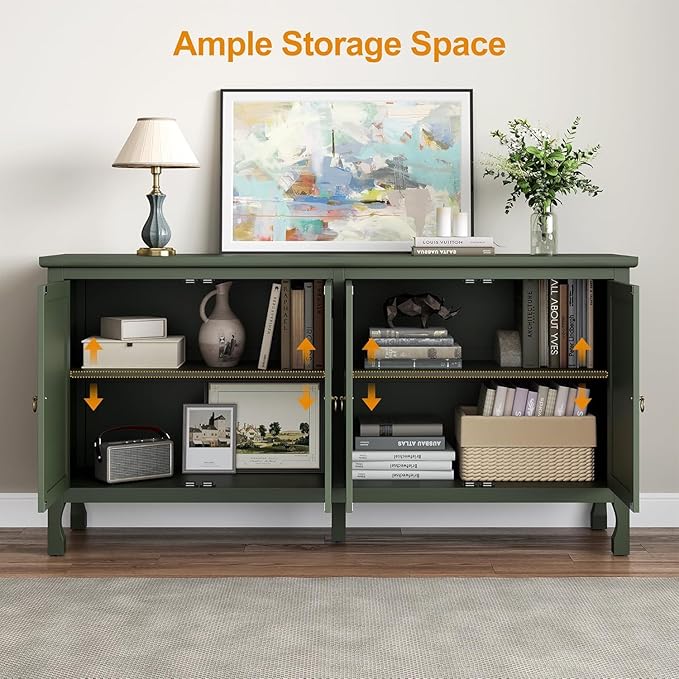 RoyalCraft 63'' Buffet Cabinet with Mirror Butterfly Carved Door, Sideboard Cabinet with Adjustable Shelves, Vintage Accent Credenza Media Console for Entryway, Kitchen, Forest Green