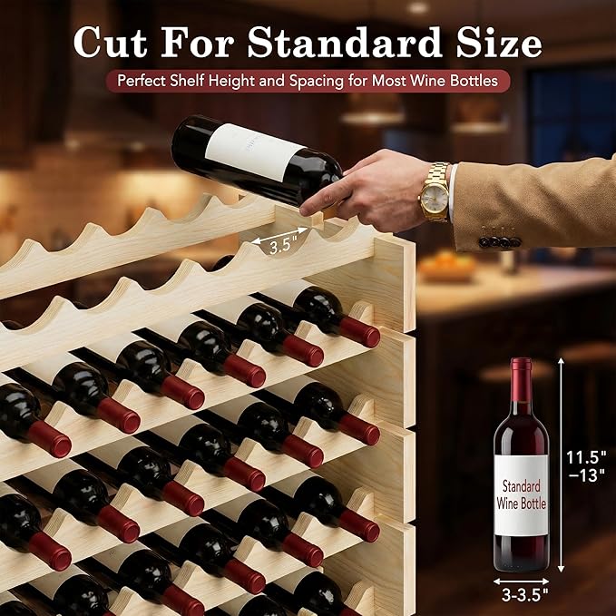 72 Bottles Stackable Modular Wine Rack, 6-Tier 72 Slots Floor Wine Storage Stand Wooden Wine Holder Display Shelves, Wobble-Free, Solid Wood, Floor Free Standing