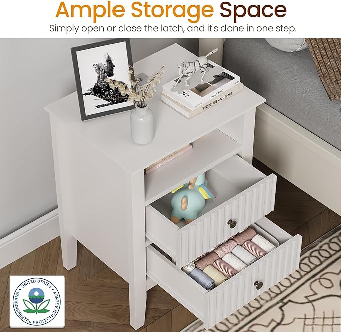 RoyalCraft White Nightstand with Charging Station, Fluted Night Stand for Bedroom, Small Sofa Table with 2 Storage Drawers Cabinet, Wood End Table for Bedroom