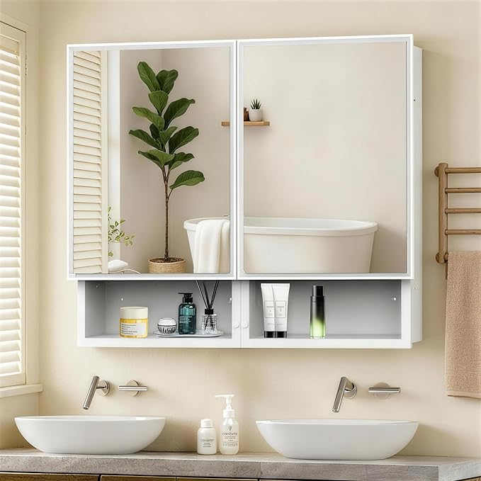 32x26 Inch Bathroom Medicine Cabinet with Mirror, Double Door Wall Mounted Storage with Extra Drawers, Bevel Edge Mirror, Adjustable Shelves, for Recessed or Surface Mount Installation