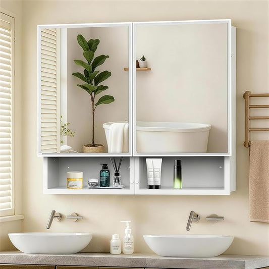 32x26 Inch Bathroom Medicine Cabinet with Mirror, Double Door Wall Mounted Storage with Extra Drawers, Bevel Edge Mirror, Adjustable Shelves, for Recessed or Surface Mount Installation
