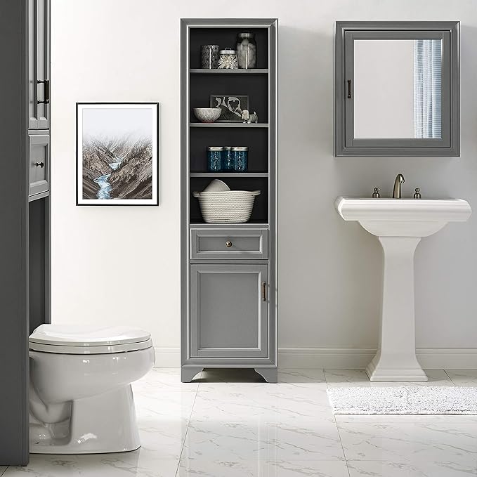 Crosley Furniture Tara Linen Storage Cabinet and Bathroom Organizer with a Drawer and Shelves, Vintage Gray