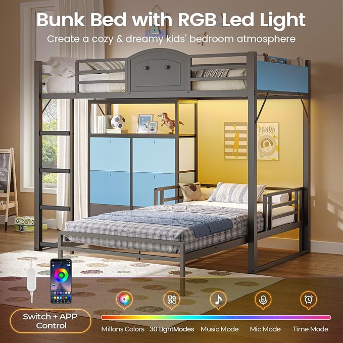 AOGLLATI Bunk Bed Twin Over Twin with 6 Storage Drawers for Kids Teens,Metal Led Loft Bed with Bedside Storage,Safety Guardrails for Small Space, No Box Spring Needed, Grey
