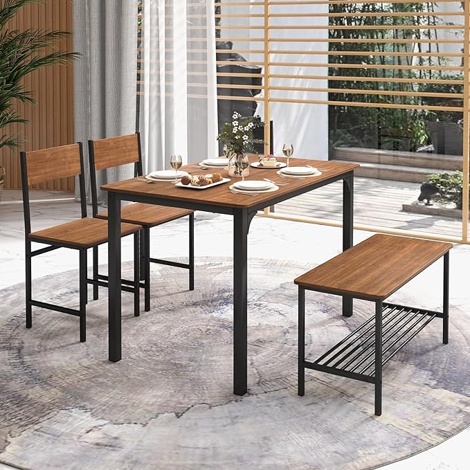 COSTWAY Dining Table Set for 4, Rectangular Kitchen Table Set with Bench and 2 Chairs, Storage Rack & Metal Frame, 4-Piece Dining Room Table and Chairs Set for Small Space, Apartment (Brown)
