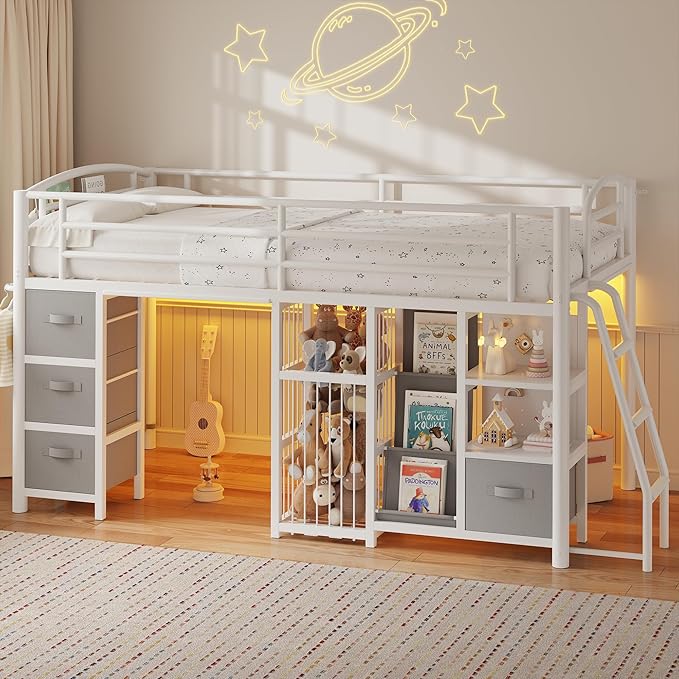 Low Loft Bed Twin Size with 4 Storage Drawers and LED Lights, Twin Loft Bed with Sling Bookcase & Toy Storage, Kids Twin Beds with Anti-Collision Pad & Play Curtain, Under-Bed Play Space, White+Grey