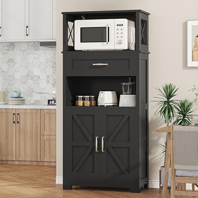 Saudism Farmhouse Black Storage Cabinet with Doors and Drawers, Freestanding Kitchen Pantry Cabinet, Floor Storage Cabinet Hutch Cupboard for Kitchen/Laundry/Living Room (Black)