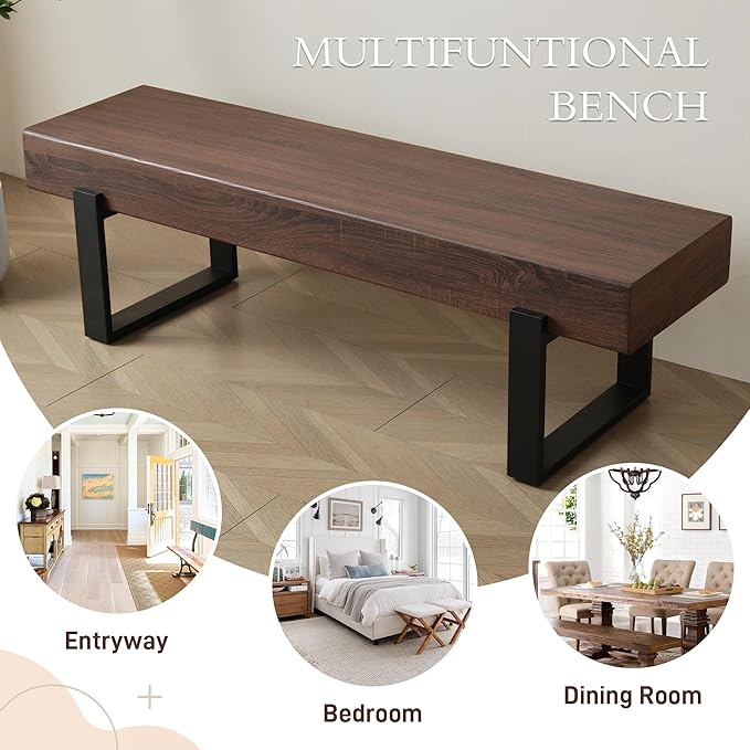 Merax 59" Wooden Dining Bench, Farmhouse Indoor Kitchen Table Benches, Bed Bench, Industrial Shoe Bench, Entryway Benches, Dark Walnut