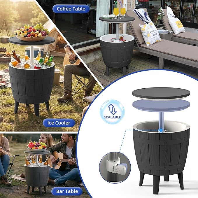 EasyUp Outdoor Resin Ice Bucket & Beverage Cooler-Patio Cooler Table with UV Protection,Wood-Look Side Tables for Your Patio, Picnic, and Beach Party (Black)