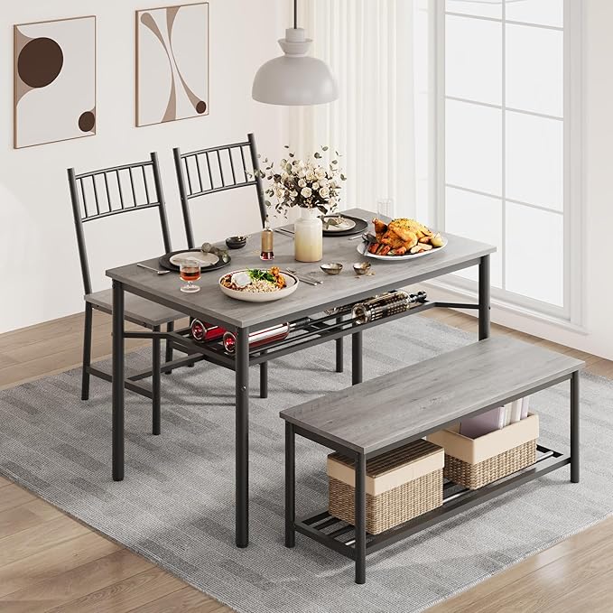 Garvee Dining Table Set for 4 with Bench and Chairs, 4-Piece Kitchen Table Set with Storage – Space-Saving Dining Table for Apartments and Dining Rooms, Gray