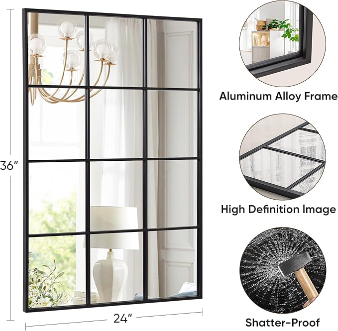 Suidia Wall Mirror, 24" x 36" Window Decorative Mirrors, Metal Framed Wall Decor Wall-Mounted Mirrors for Bedroom, Living Room, Entryway, Black