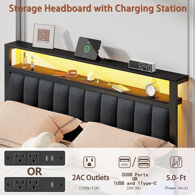 Furnulem Queen Size Bed Frame with Charging Station and LED Lights, Platform Bed with Metal Slats, Grey Upholstered Headboard with 2-Tier Storage Shelves, No Box Spring Needed