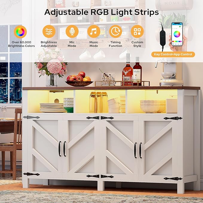 knoworld Buffet Sideboard with Storage with Power Outlets & LED Light 4 Doors, 55'' Large Farmhouse Kitchen Storage Cabinet Wood Coffee Bar Cabinet Buffet Table for Kitchen, Dining Room, Entryway