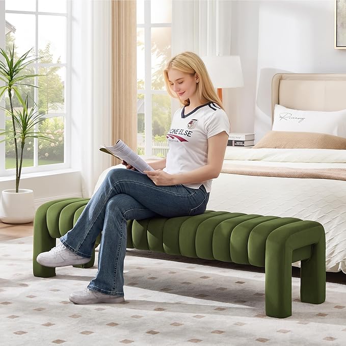 63’’ Bedroom Bench, Upholstered End of Bed Bench with Solid Wood Legs, Modern Dining Bench with Full Covered Fabrics for Entryway, Bedroom, Living Room (Green, Velvet)