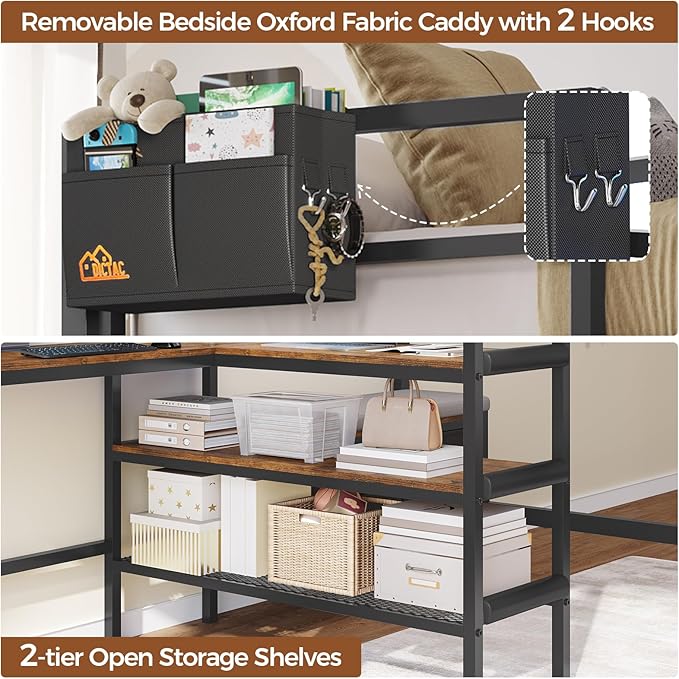 DICTAC Twin Loft Bed with L-Shaped Desk,Storage Shelves and Charging Station Metal Loft Bed Twin Size with LED Lights,Coat Rack with Drawers and Stair,Top Bunk with Safety Guardrail for Teen,Black