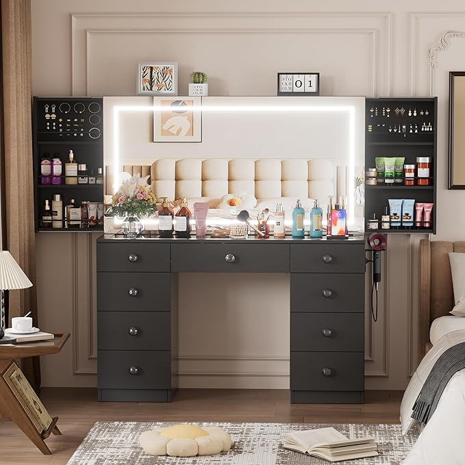 Makeup Vanity Desk with Large Mirror and Lights,Vanity Table with Glass Top,9 Drawers,3 Color Modes,Sliding 2 Wall Mounted Jewelry Storage Racks,Suitable for Bedroom Ladies and Girls (Black)