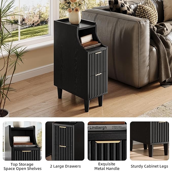 Fluted Nightstands Set of 2,Narrow Bedside Table with 2 Drawers & Storage, Farmhouse Walnut End Table Modern Side Table for Bedroom Livingroom Sofa Office, Small Space