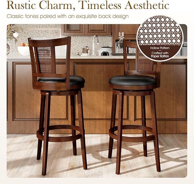 Sophia & William 30 Inch Swivel Bar Stools Set of 4, Bar Height Barstools with Backrest & Solid Wood Legs, Brown Faux Leather Kitchen Stools