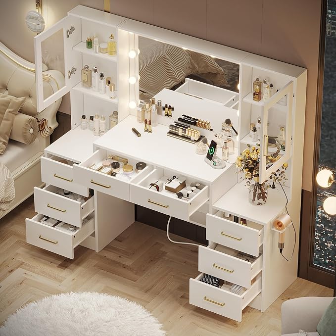 TOKSOM 58.3”Vanity Desk with Mirror and Charging Station, Bedroom Dressing Table, Large Vanity Set, 8 Drawers and 2 Cabinets, Makeup Vanity Table with Charging Station, Without Lights